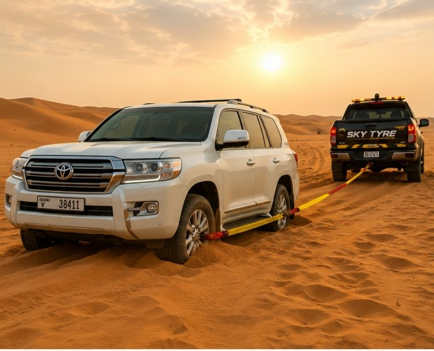 4x4 being safely recovered from deep soft sand in Dubai desert