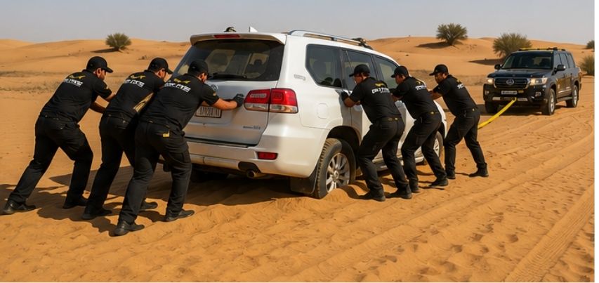 Team assisting a stranded SUV out of sand