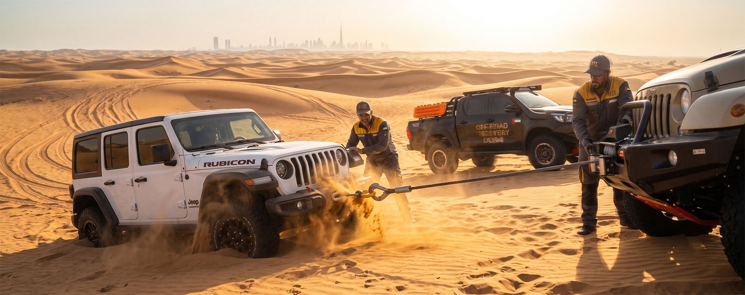 Heavy duty winch line and rigging setup for off-road recovery